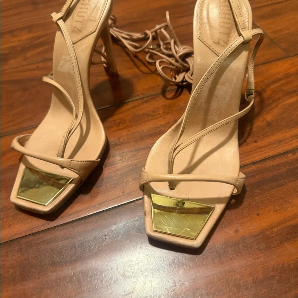 SCHUTZ Tan Lace-Up Stiletto Sandals with Wrap Ankle Ties‎